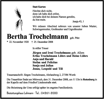 Traueranzeige von Bertha Trochelmann von KREISZEITUNG SYKE