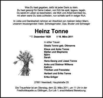 Traueranzeige von Heinz Tonne von KREISZEITUNG SYKE