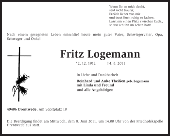 Traueranzeige von Fritz Logemann von KREISZEITUNG SYKE