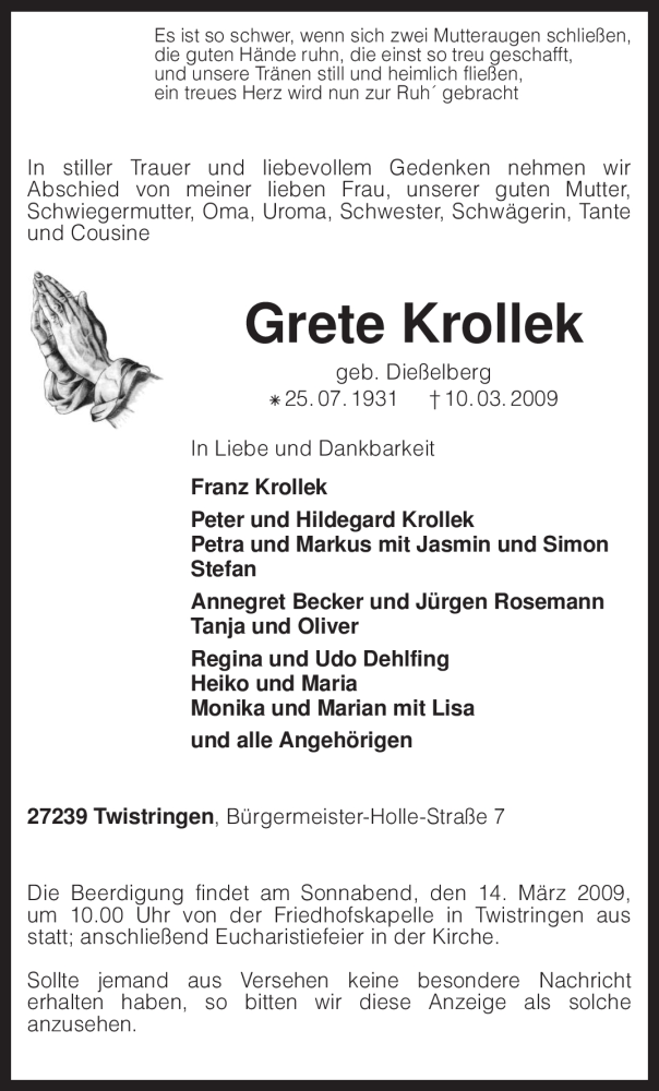  Traueranzeige für Grete Krollek vom 12.03.2009 aus KREISZEITUNG SYKE