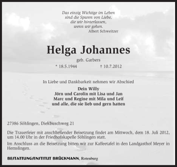 Traueranzeige von Helga Johannes von KREISZEITUNG SYKE