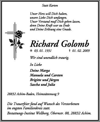 Traueranzeige von Richard Golomb von KREISZEITUNG SYKE