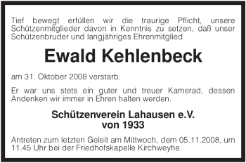 Traueranzeige von Ewald Kehlenbeck von KREISZEITUNG SYKE