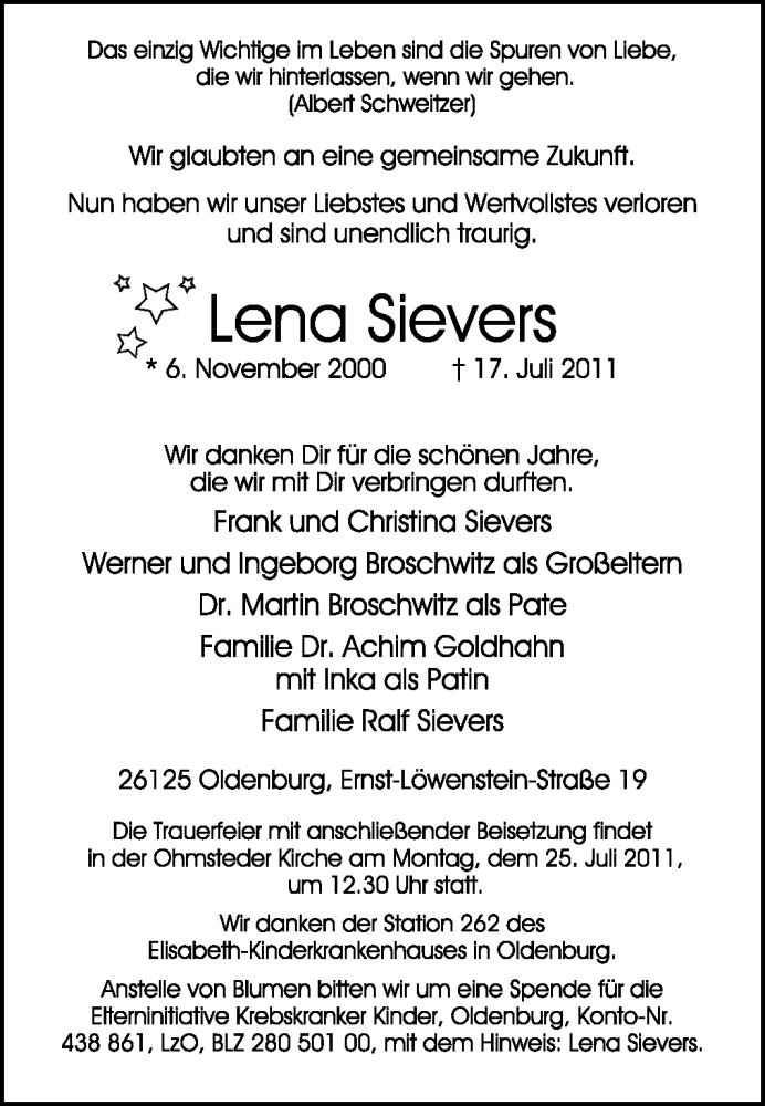  Traueranzeige für Lena Sievers vom 21.07.2011 aus KREISZEITUNG SYKE