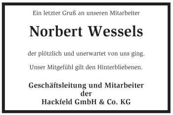 Traueranzeige von Norbert Wessels von KREISZEITUNG SYKE