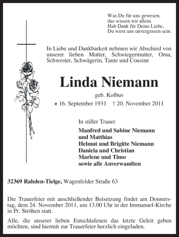 Traueranzeige von Linda Niemann von KREISZEITUNG SYKE