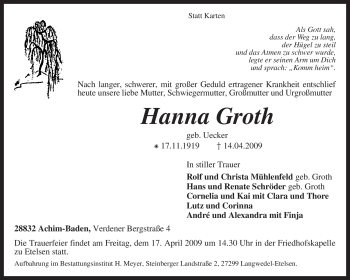 Traueranzeige von Hanna Groth von KREISZEITUNG SYKE