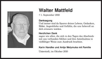 Traueranzeige von Walter Mattfeld von KREISZEITUNG SYKE