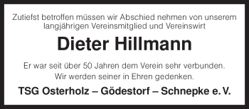 Traueranzeige von Dieter Hillmann von KREISZEITUNG SYKE