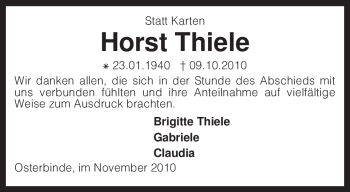 Traueranzeige von Horst Thiele von KREISZEITUNG SYKE