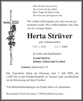 Traueranzeige von Herta Strüver von KREISZEITUNG SYKE