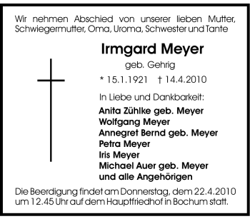 Traueranzeige von Irmgard Meyer 