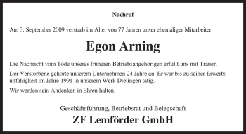 Traueranzeige von Egon Arning von KREISZEITUNG SYKE