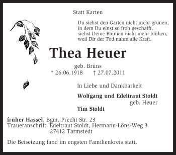 Traueranzeige von Thea Heuer von KREISZEITUNG SYKE