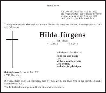 Traueranzeige von Hilda Jürgens von KREISZEITUNG SYKE