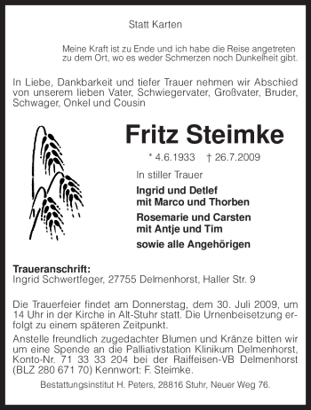 Traueranzeige von Fritz Steimke von KREISZEITUNG SYKE