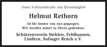 Traueranzeige von Helmut Rethorn von KREISZEITUNG SYKE