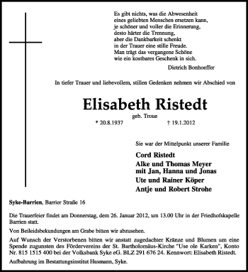 Traueranzeige von Elisabeth Ristedt von KREISZEITUNG SYKE