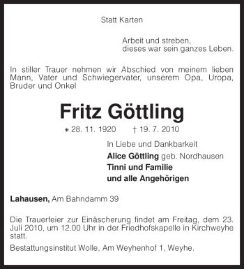 Traueranzeige von Fritz Göttling von KREISZEITUNG SYKE