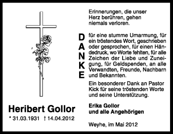 Traueranzeige von Heribert Gollor von KREISZEITUNG SYKE