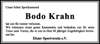 Traueranzeige von Bodo Krahn von KREISZEITUNG SYKE