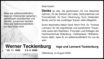 Traueranzeige von Werner Tecklenburg von KREISZEITUNG SYKE