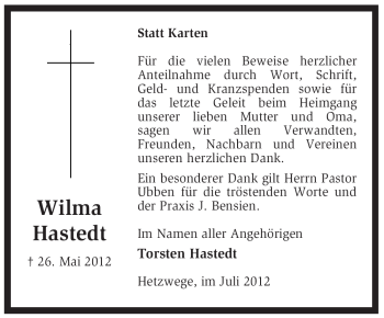 Traueranzeige von Wilma Hastedt von KREISZEITUNG SYKE