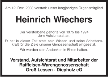 Traueranzeige von Heinrich Wiechers von KREISZEITUNG SYKE