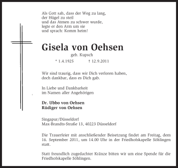 Traueranzeige von Gisela von Oehsen von KREISZEITUNG SYKE