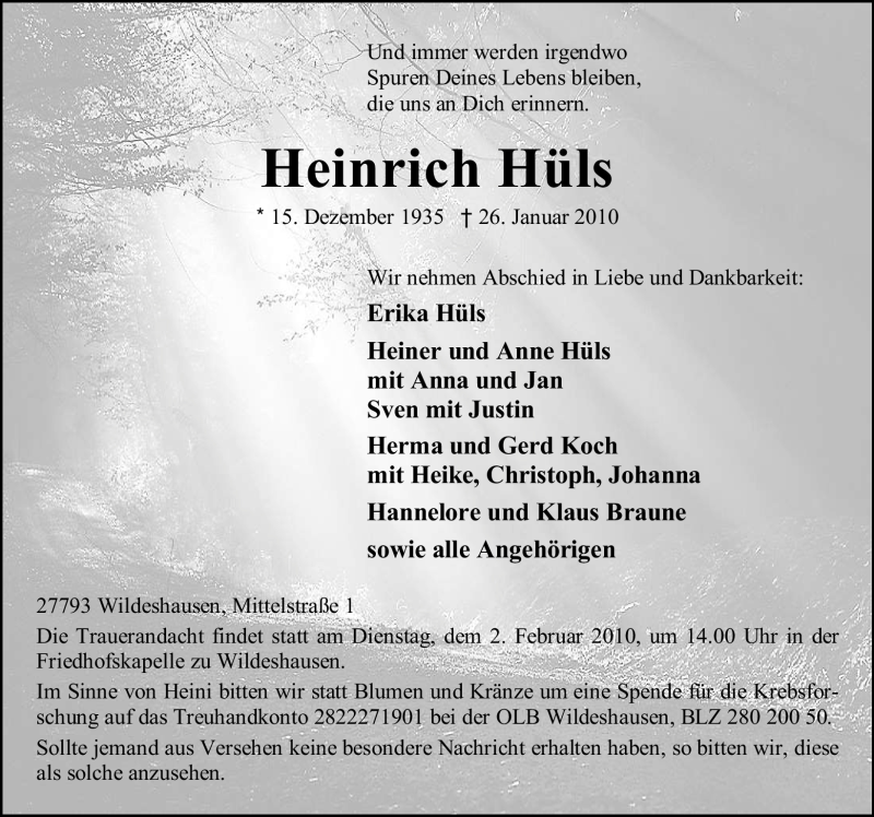  Traueranzeige für Heinrich Hüls vom 28.01.2010 aus 