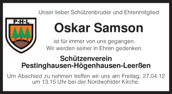 Traueranzeige von Oskar Samson von KREISZEITUNG SYKE