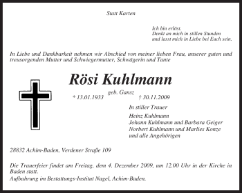 Traueranzeige von Rösi Kuhlmann von KREISZEITUNG SYKE