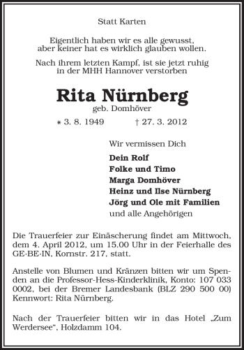 Traueranzeige von Rita Nürnberg von KREISZEITUNG SYKE