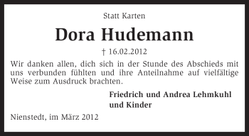 Traueranzeige von Dora Hudemann von KREISZEITUNG SYKE