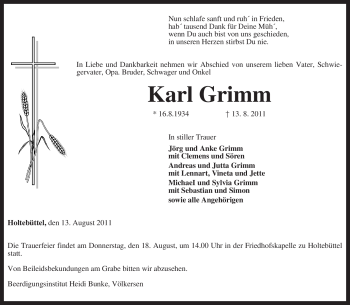 Traueranzeige von Karl Grimm von KREISZEITUNG SYKE