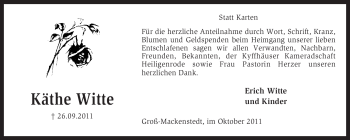 Traueranzeige von Käthe Witte von KREISZEITUNG SYKE