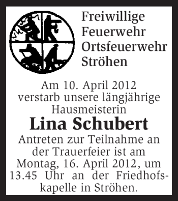 Traueranzeige von Lina Schubert von KREISZEITUNG SYKE