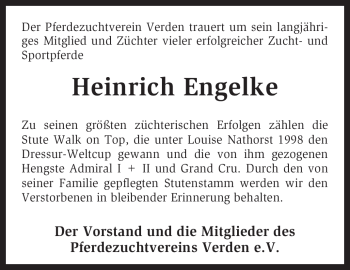 Traueranzeige von Heinrich Engelke von KREISZEITUNG SYKE