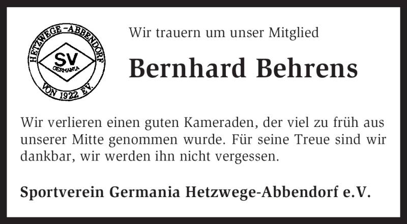  Traueranzeige für Bernhard Behrens vom 24.09.2011 aus KREISZEITUNG SYKE