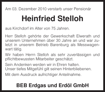 Traueranzeige von Heinfried Stelloh von KREISZEITUNG SYKE