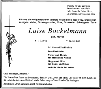 Traueranzeige von Luise Bockelmann von KREISZEITUNG SYKE