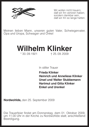 Traueranzeige von Wilhelm Klinker von KREISZEITUNG SYKE