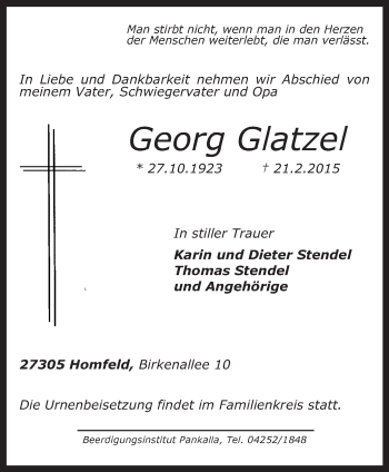 Traueranzeige von Georg Glatzel von KRZ