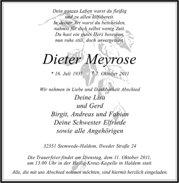 Traueranzeige von Dieter Meyrose von KREISZEITUNG SYKE