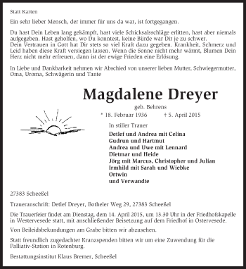 Traueranzeige von Magdalene Dreyer von KRZ