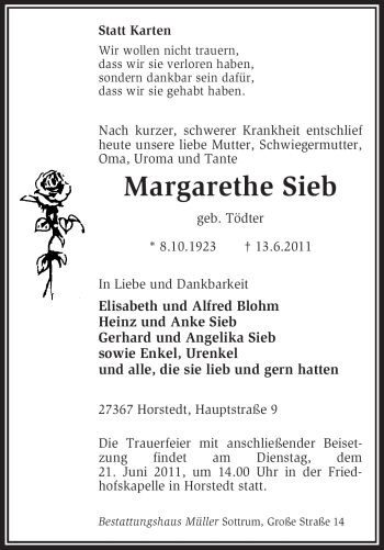 Traueranzeige von Margarethe Sieb von KREISZEITUNG SYKE