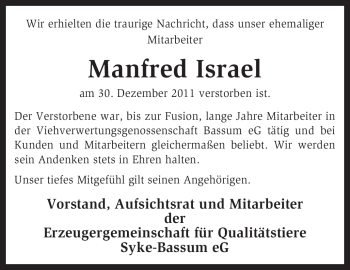 Traueranzeige von Manfred Israel von KREISZEITUNG SYKE