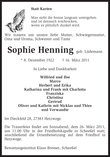 Traueranzeige von Sophie Hening von KREISZEITUNG SYKE