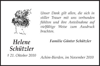 Traueranzeige von Helene Schützler von KREISZEITUNG SYKE