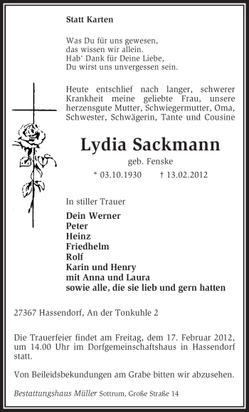 Traueranzeige von Lydia Sackmann von KREISZEITUNG SYKE